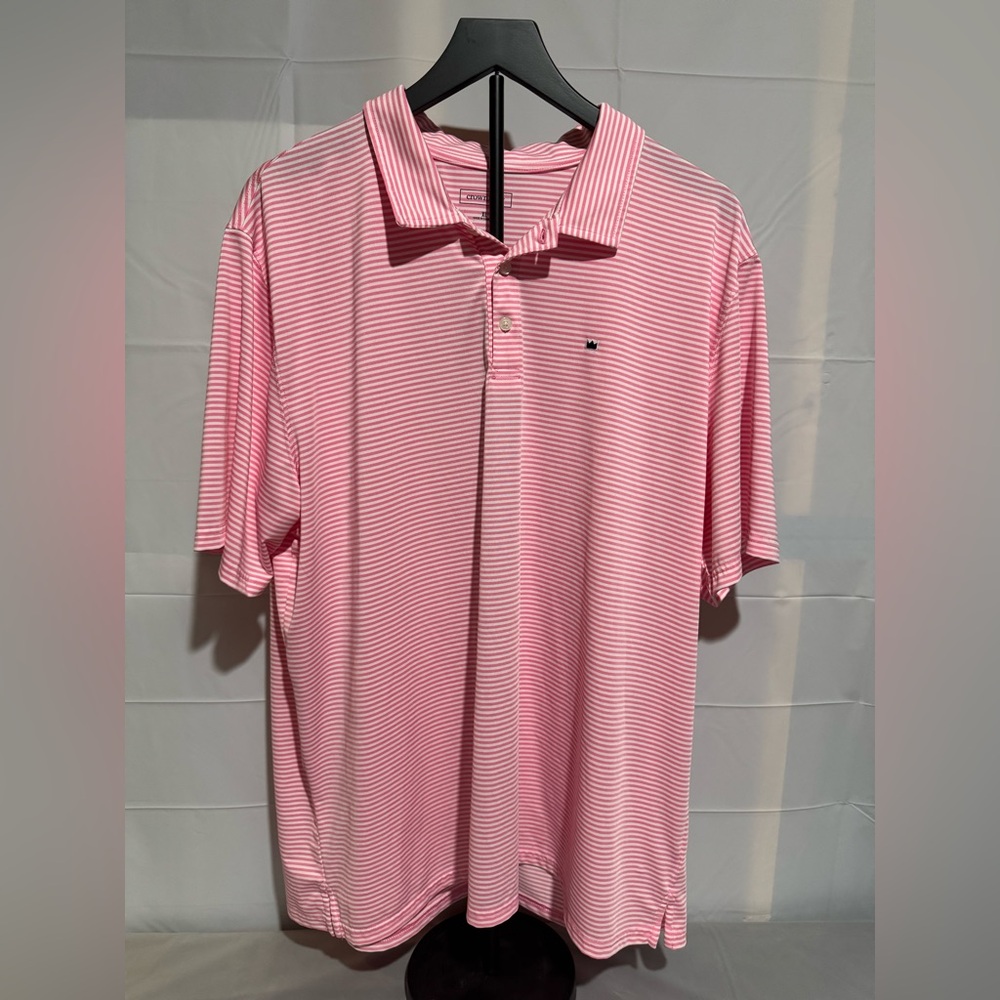 Crown & Ivy Men’s Pink and White striped Polo Shirt Size X-Large Poly/Spandex